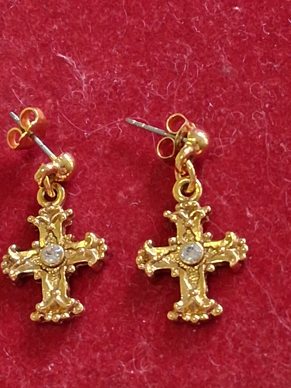 Says Vlc On Back Gold Cross Drop Earrings with Clear Stone Accent